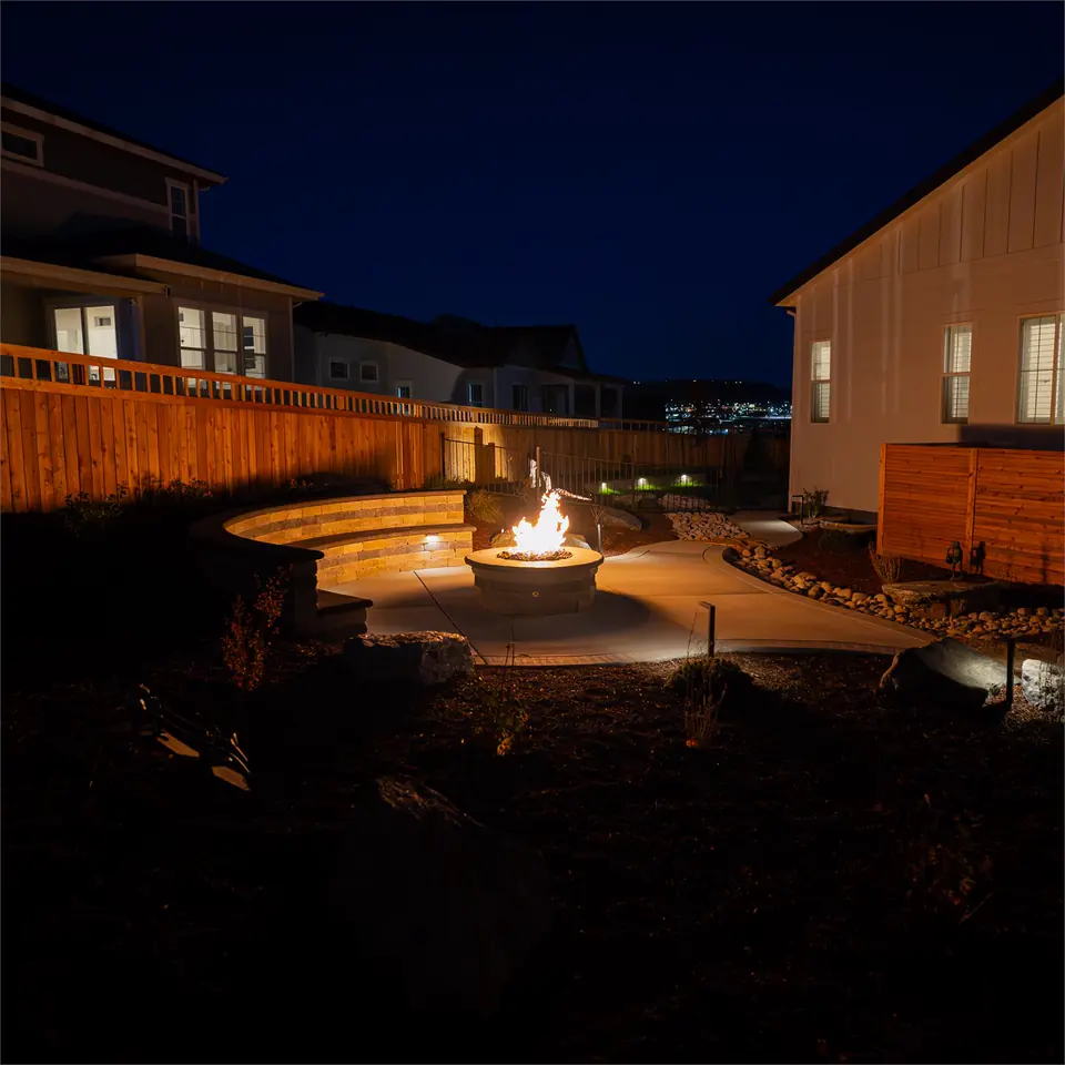 Built — The patio at dusk