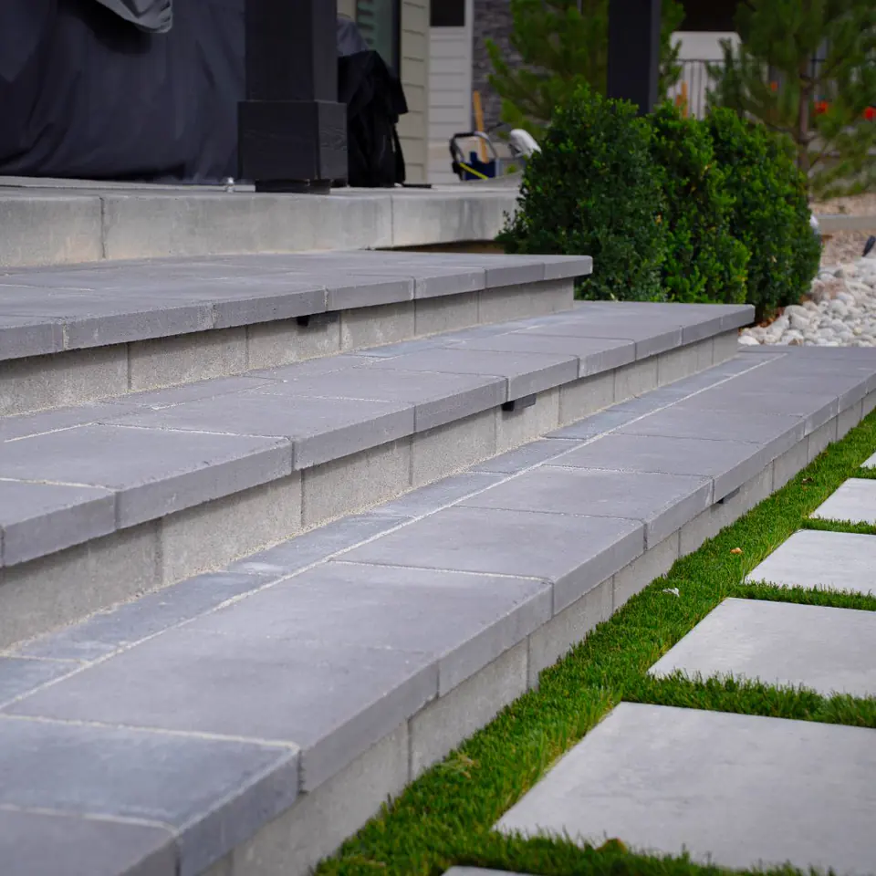 Broad stone steps down to the lawn