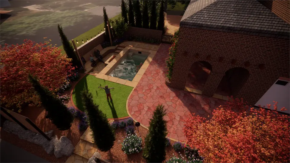 Preliminary 3D rendering of a courtyard pool, from above