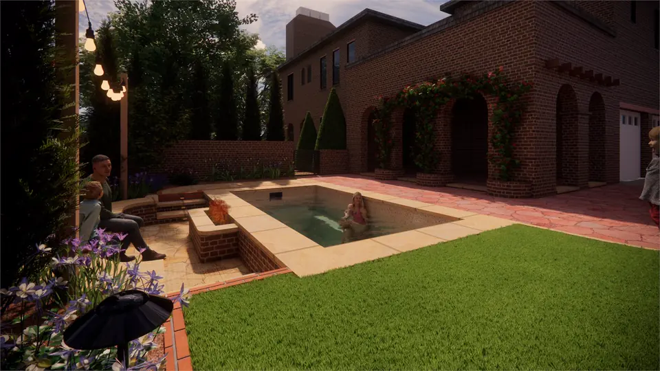 3D rendering of a courtyard plunge pool beside a brick home