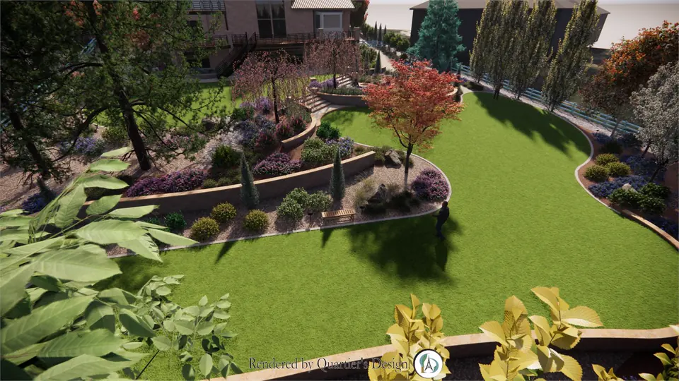 3D rendering of a fully planted, terraced yard