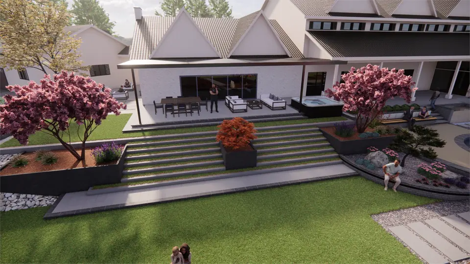 3D rendering of terraced steps and lawn behind a farmhouse