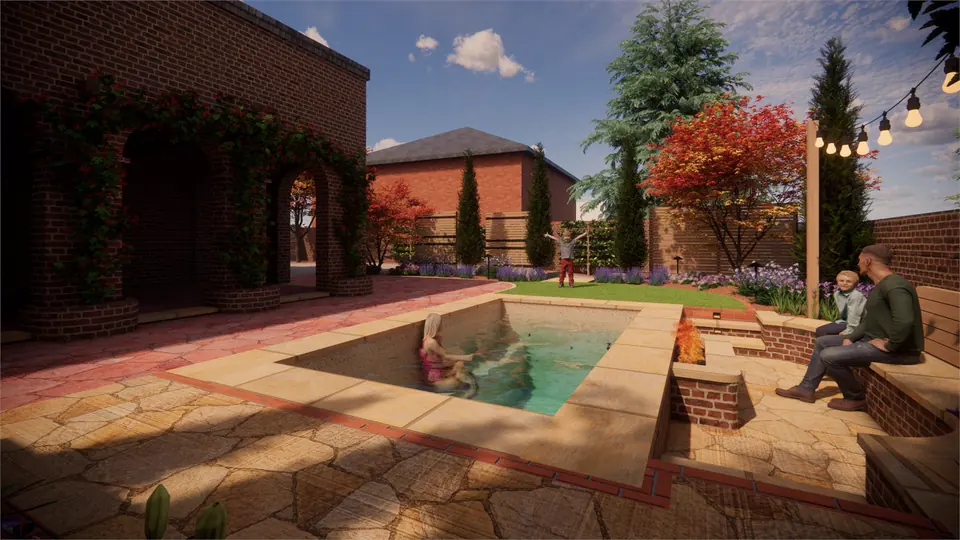 3D rendering of a plunge pool with a fire seating area