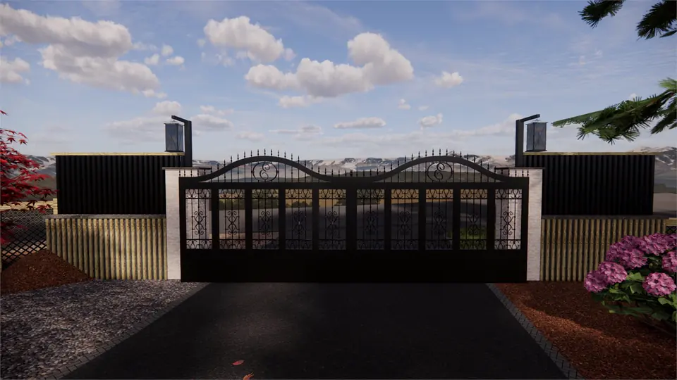 3D rendering of an entry gate and drive