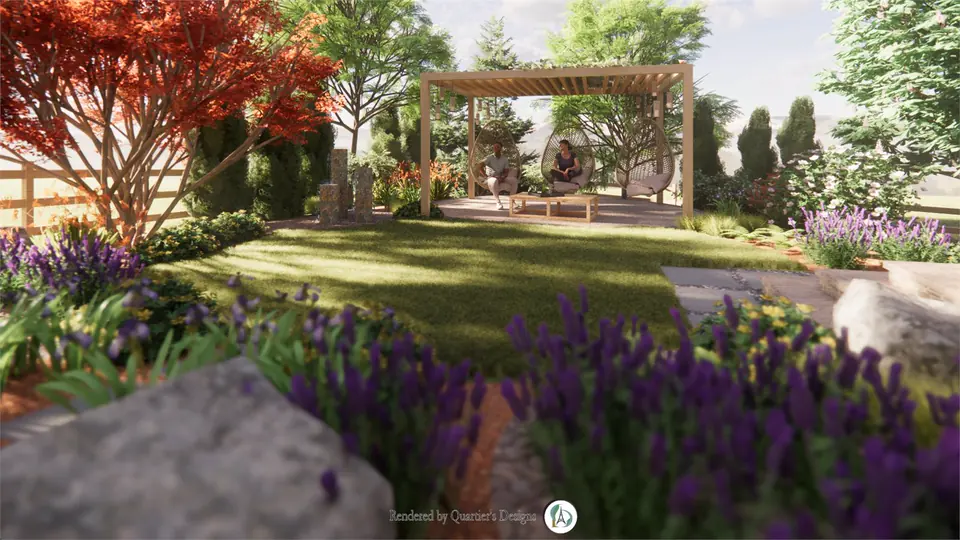 3D rendering of a pergola garden with lavender