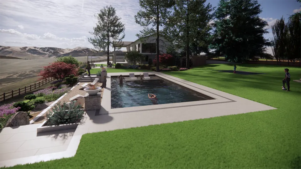 3D rendering of a pool, terrace and lawn with a view of the hills