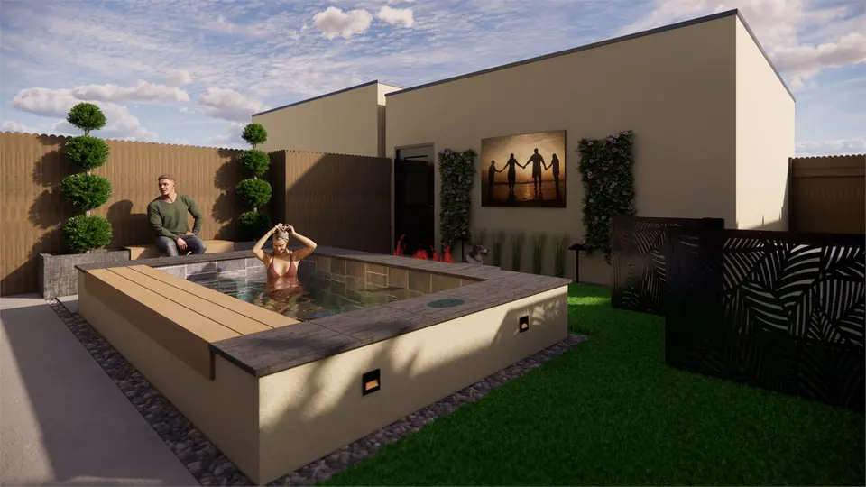 3D rendering of a raised spa in a walled courtyard