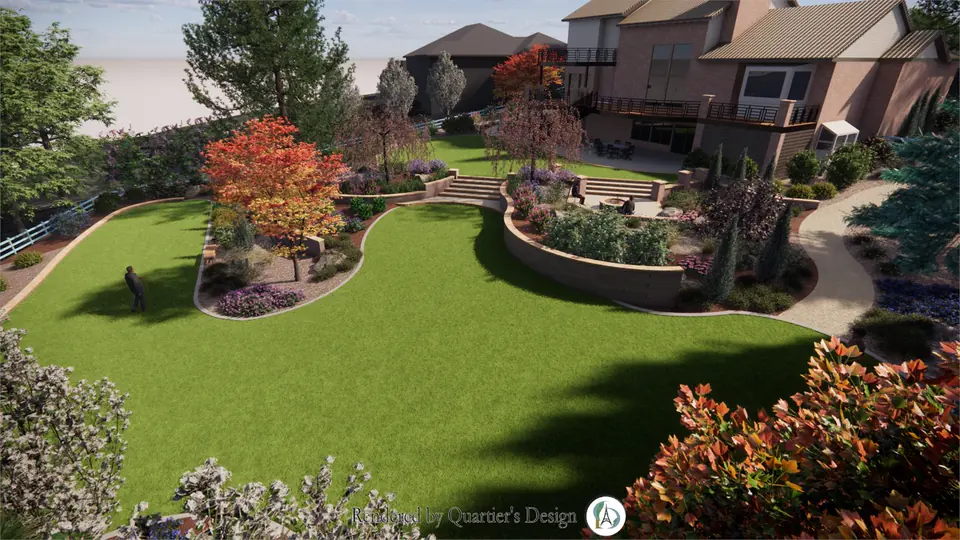 3D rendering of a curving lawn with raised planting beds