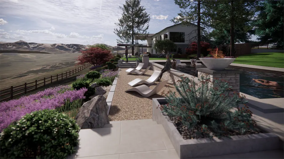 3D rendering of a pool terrace with planting and a view of the hills